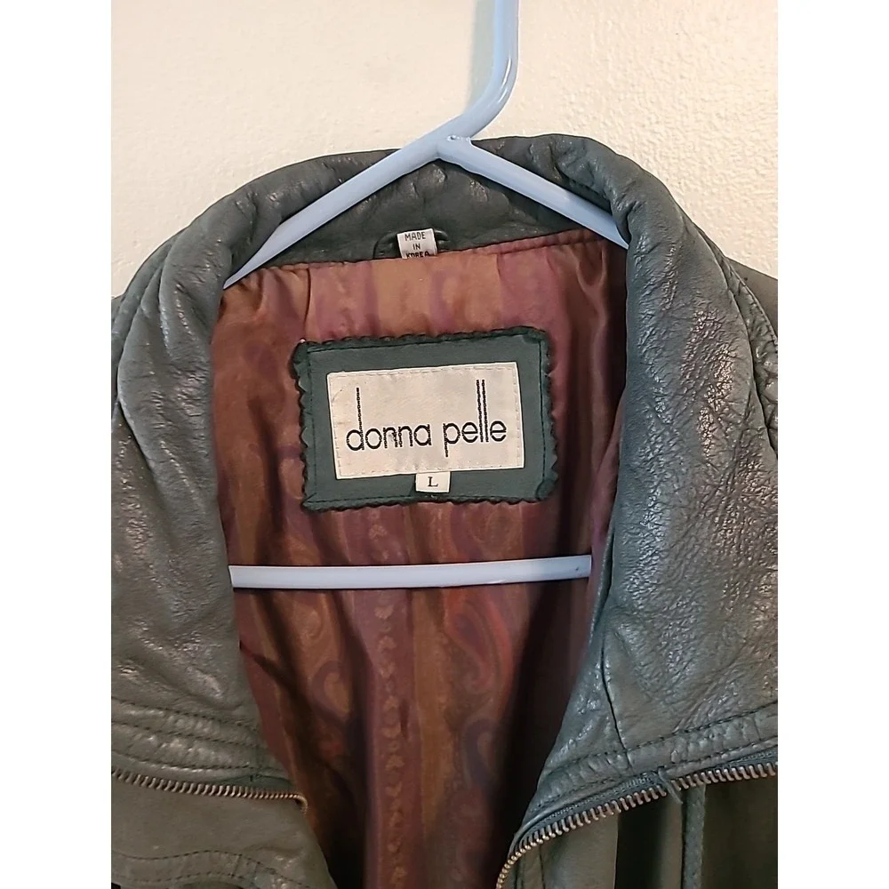 VTG Donna Pelle Men Large Green Genuine Leather Bomber Jacket Pockets Zipper